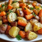 Oignons, Carottes et Pommes de Terre Rôtis au Four